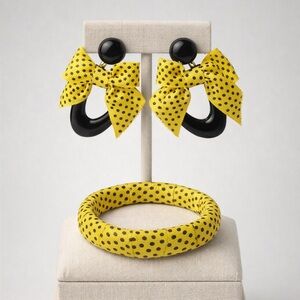 Vintage Polka Dot Jewelry Set Yellow Black Bow Earrings & Bangle